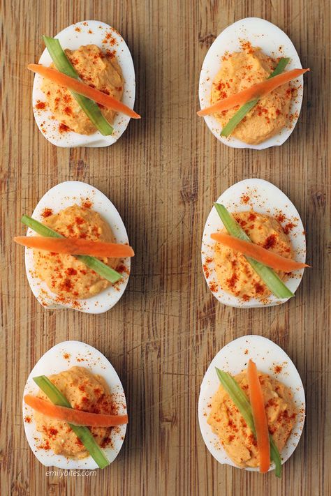 Deviled Eggs Buffalo, Buffalo Deviled Eggs, Ww Appetizers, Sriracha Deviled Eggs, Thanksgiving Deviled Eggs, Buffalo Chicken Pasta Salad, Spicy Deviled Eggs, Emily Bites, Ww Snacks