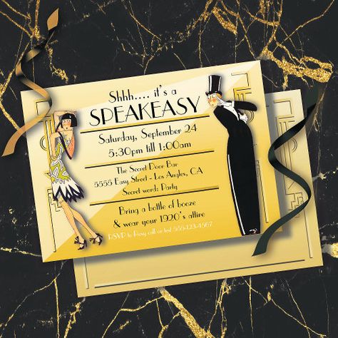 Speakeasy Invitation, Speakeasy Invitations, Speakeasy Party Ideas, Gatsby Party Invitations, Gold Black Birthday, Nye 2023, Art Deco Accents, 60th Birthday Party Ideas, Themed Party Invitations