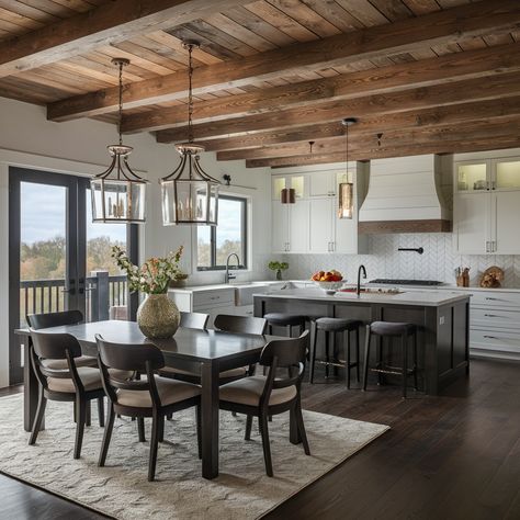 Rustic charm: wooden beams add character to any room. 🧡🏡 #InteriorDesign #RusticCharm #countrystyle #HomeDecor #Inspiration Dining Room Exposed Beams, Kitchen Ceilings, Kitchen Ceiling, Exposed Beams, Wooden Beams, High Ceiling, Country Style, Rustic Charm, Beams