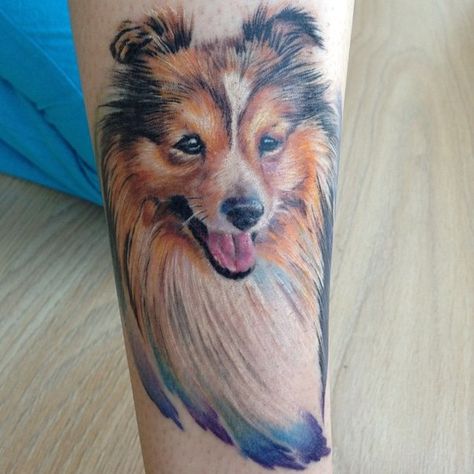 Sheltie tattoo-----I would give anything to know who did this tat! I've one I need done & this person is a true artist. Sheltie Tattoo, Sheepdog Tattoo, Pet Pictures, C Tattoo, Blue Merle, Shetland Sheepdog, Pretty Tattoos, Dog Art, Tattoos And Piercings