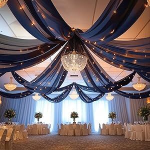 Prom Themes Starry Night, Drapes For Wedding, Starry Night Prom, Green Wedding Decorations, Ceiling Drapes, Party Arch, Wedding Ceiling, Ceiling Draping, Starry Night Wedding