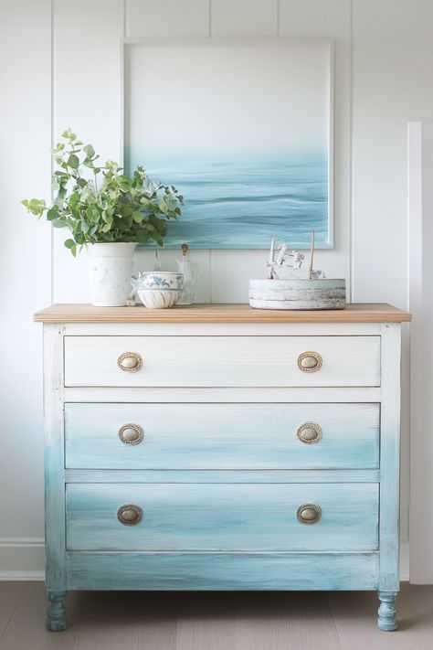 "Transform an old dresser with a DIY ombre paint job! Perfect for adding a pop of color to any room. 🌈🛠️ #DIYHomeDecor #OmbreFurniture #FurnitureMakeover" Coastal Painted Dresser, Beachy Furniture Makeovers, Painting Dresser Ideas, Painting Dresser, Salt Wash Paint, Beachy Furniture, Coastal Dresser, Ombre Paint, Dresser Ideas