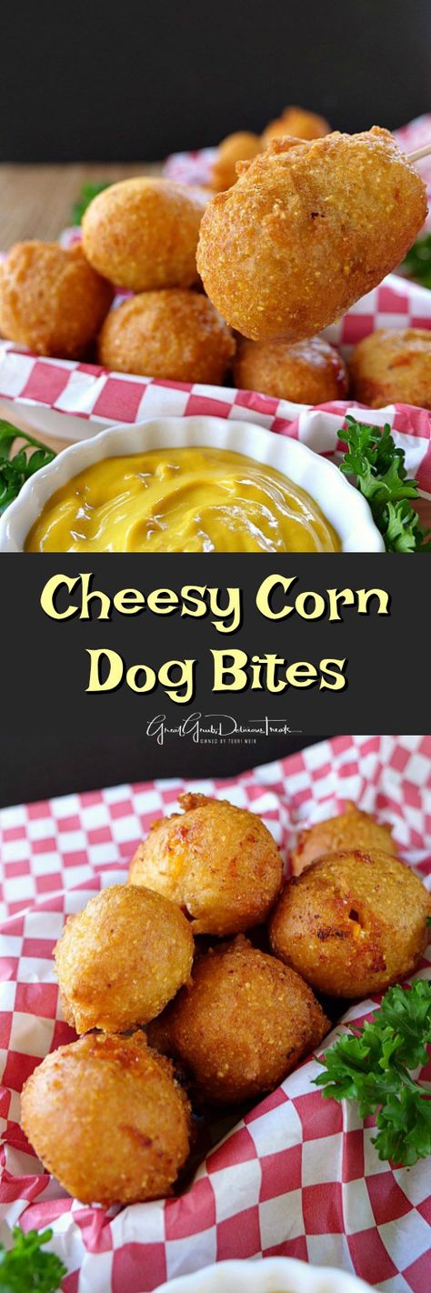 Cheesy Corn Dog Bites Bitesize Appetizers, Corn Dog Bites Recipe, Corn Dog Bites, Homemade Corndogs, Deep Fried Recipes, Corndog Recipe, Mini Corn Dogs, Deep Fried Appetizers, Cheesy Corn