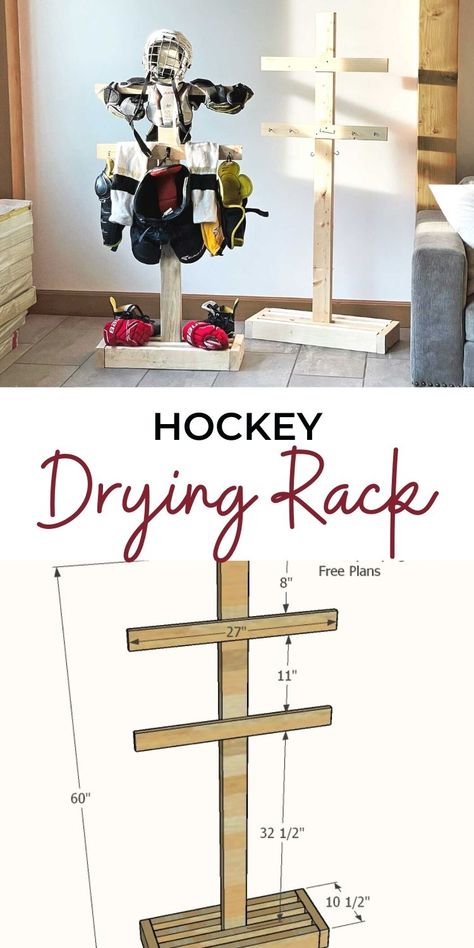 Pallet Hockey Stick Holder, Drying Hockey Equipment, Diy Hockey Equipment Drying Rack, Diy Hockey Gear Drying Rack, Hockey Gear Organization, Hockey Organization Storage Ideas, How To Store Hockey Equipment, Hockey Stick Holder Diy, Pvc Hockey Drying Rack Diy