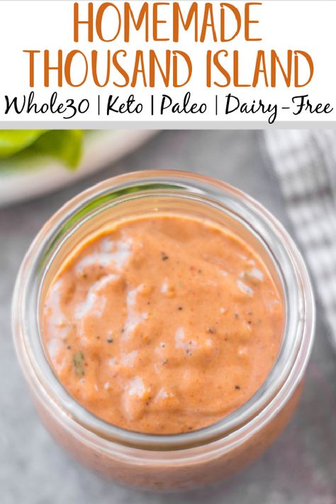 This Whole30 homemade thousand island dressing is so easy to make. It's a smooth, tangy homemade dressing that takes less than 5 minutes to mix together! This DIY dressing is also gluten-free, dairy-free, keto/low carb, and paleo thousand island. It's the perfect addition to salads, burgers, wraps and to dip your fries or veggies in. #whole30dressing #whole30thousandisland #homemadedressing #healthythousandisland Southwest Ranch Dressing, Whole 30 Salads, Homemade Thousand Island, Dairy Free Salad Dressing, Homemade Thousand Island Dressing, Southwest Ranch, Dairy Free Dressing, Keto Salad Dressing, Diy Dressing