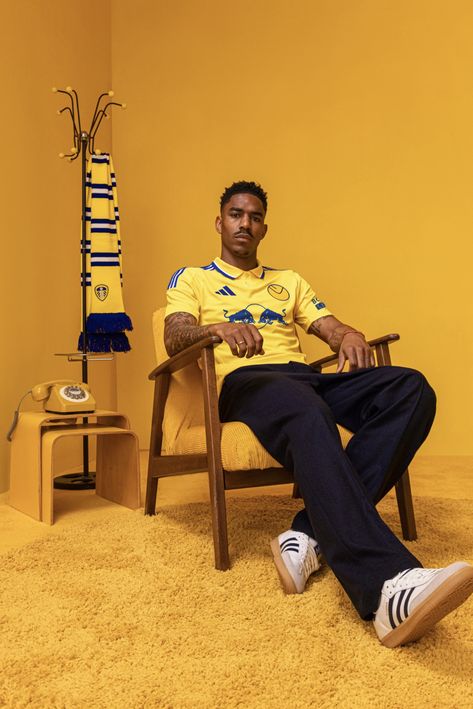 The newest kit for Leeds was showcased in a funky yellow set, carefully designed by blackhurst and co. Leeds United Kit, Leeds United Fc, Leeds United, Set Design, Leeds, The Unit, Yellow, Design