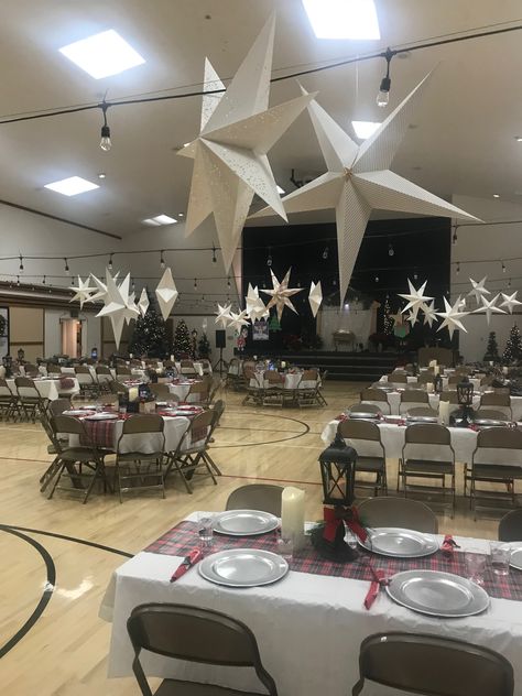 Ward Party Christmas Decorations, Christmas Ward Party Ideas, Company Christmas Party Ideas Events, Picture A Christmas Ward Party, Lds Ward Christmas Party Decorations, Christian Christmas Party Themes, Christmas Banquet Ideas, Ward Christmas Party Decorations, Light The World Christmas Party