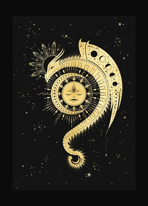 Magic Dragon Sun Dragon Art, Gold Dragon Tattoo, Gold Moon Aesthetic, Gold Dragon Art, Dragon Tarot, Sun Dragon, Aesthetic Dragon, Sun And Moon Art, Dragon Symbol