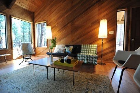 The Impossible Has Happened: 25 Examples of Wood Paneling Done FABULOUSLY | Apartment Therapy Diagonal Wood Paneling, Diagonal Wood Wall, Wood Paneling Decor, Wood Paneling Living Room, Panelled Walls, House Tweaking, Michigan Cottage, Beadboard Wainscoting, Showroom Inspiration