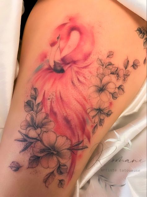 Flamingo Tattoo On Leg, Flamingo With Flowers Tattoo, Flamingo And Flower Tattoo, Flamingo Hibiscus Tattoo, Flamingo Leg Tattoo, Realistic Flamingo Tattoo, Floral Flamingo Tattoo, Flamingo Tattoos For Women Meaning, Tropical Tattoo Sleeve