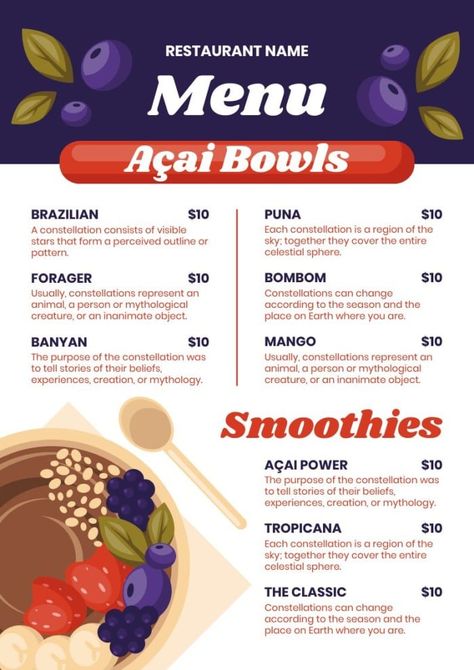 Hand-drawn Acai Bowls And Smoothies Menu Smoothie Menu, Acai Bowls, Restaurant Names, Brand Kit, Menu Template, Menu Design, Smoothie Bowl, Free Graphic Design, Acai Bowl