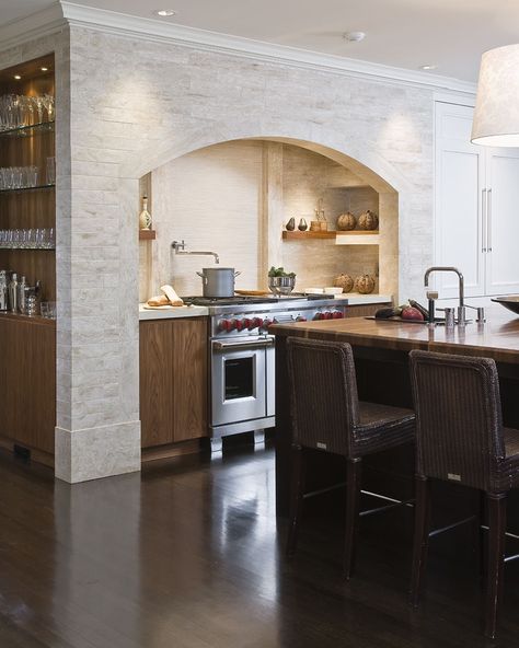 Arched niche for oven/range; Jennifer Palumbo.  Beautiful Design. Stove Alcove, Alcove Ideas, Oven Stove, Stone Accent Walls, Brick Kitchen, Kitchen Hoods, Compact Kitchen, Kitchen Stove, Georgian Homes