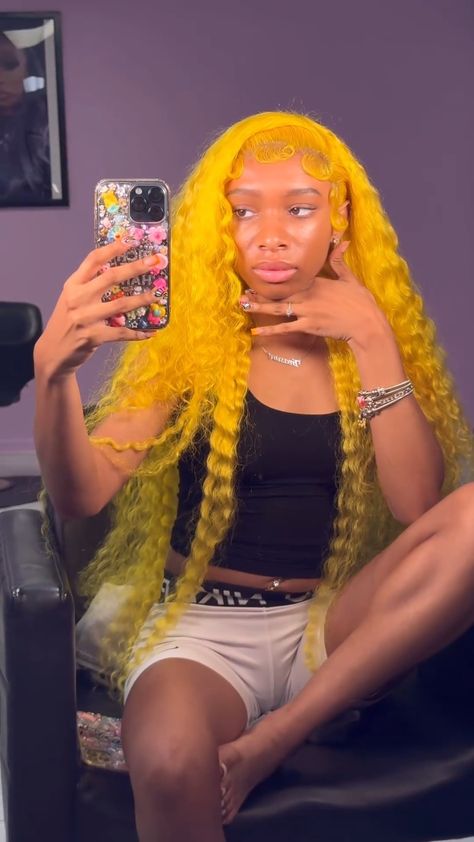 ULit Hair, Make U Lit (@ulithaircompany) • Instagram photos and videos Yellow Deep Wave Wig, Colored Wigs Hairstyles, Yellow Wig Hairstyles, Wig Install Hairstyles Color, Colored Lace Fronts, Cute Wig Colors, Yellow Wigs On Black Women, Colored Wig Hairstyles, Wig Hairstyles Color