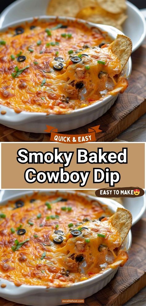 Cheesy Baked Cowboy Dip is a warm, cheesy dip with the creamy richness of cream cheese to the smoky, savory notes of bacon and the subtle heat of jalapeño. It is as delicious as it is addicting! Serve it with tortilla chips or vegetable sticks for a tasty appetizer that will disappear in no time! Don’t forget to sprinkle chopped green onions on top for an extra burst of color and flavor. Baked Cowboy Dip, Baked Bean Dip, Cowboy Dip, Superbowl Recipes, Dip For Tortilla Chips, Baked Dips, Tortilla Chip Recipe, Healthy Kid Friendly Meals, Beef Dip