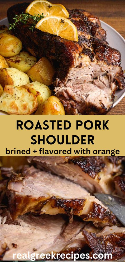 A scrumptious Roasted Pork Shoulder that gets slow-roasted covered, flavored with orange and balsamic vinegar. Roasted Pork Shoulder Recipes, Roasted Pork Shoulder, Slow Roasted Pork Shoulder, Roasted Pork Tenderloin Recipes, Pork Shoulder Recipes, Pork Chops And Gravy, Roasted Pork Tenderloins, Boneless Pork Shoulder, Pork Roast Recipes