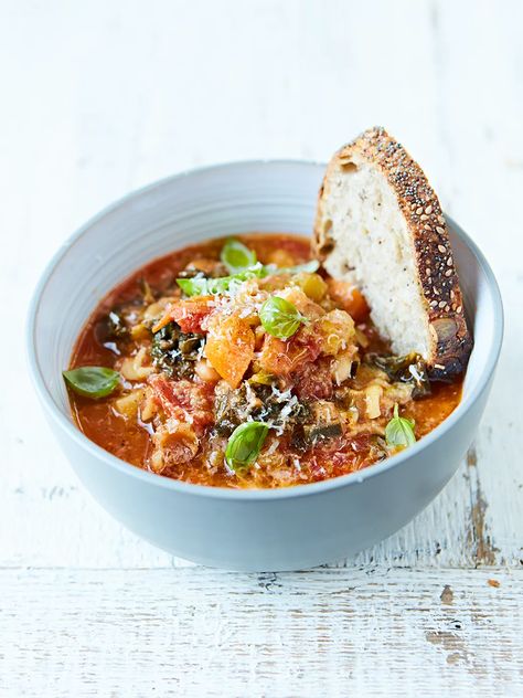 Easy minestrone soup recipe | Jamie Oliver soup recipes Jamie Oliver Minestrone, Jamie Oliver Soup, Vegetarian Inspiration, Minestrone Soup Easy, Minestrone Soup Recipe, Mediterranean Diet Recipes Dinners, Fruit Salad Recipe, Mediterranean Meals, Jamie Oliver Recipes