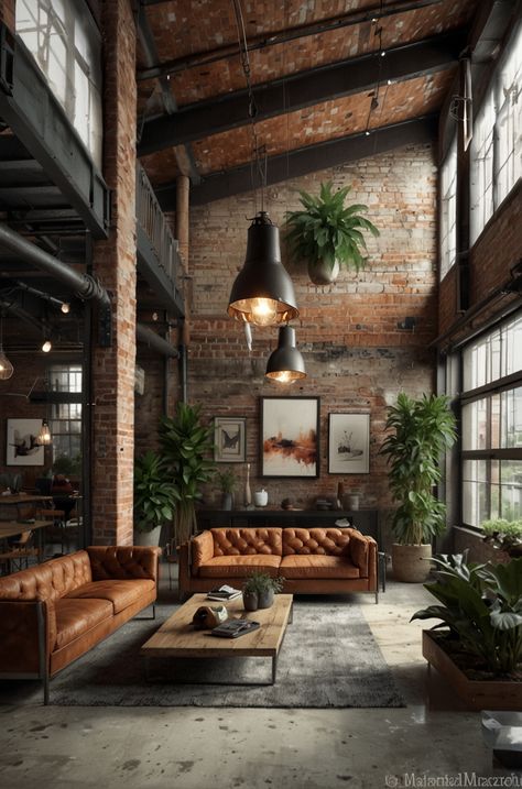 Industrial Brick, Dark Wall Ideas, Industrial Brick House, Industrial Shabby Chic, Industrial Aesthetic Living Room, Industrial Homes, Brick Loft Apartment Decor, Industrial Aesthetic Interior Design, Brick Apartment Aesthetic