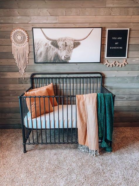 Western Style Nursery, Western Baby Nurseries, Highland Cow Nursery, Country Baby Rooms, Country Nursery, Cowboy Nursery, Western Nursery, Cow Nursery, Deer Mounts