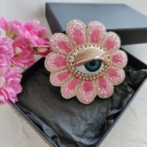 Brooch flower with eye, evil eye jewelry, handmade brooch, p - Inspire Uplift Embroidery Earrings Handmade Jewelry, Flower With Eye, Strange Jewelry, Embroidery Stones, Jewerly Art, Hand Embroidered Jewelry, Beaded Brooches, Brooch Flower, Beads Embroidery