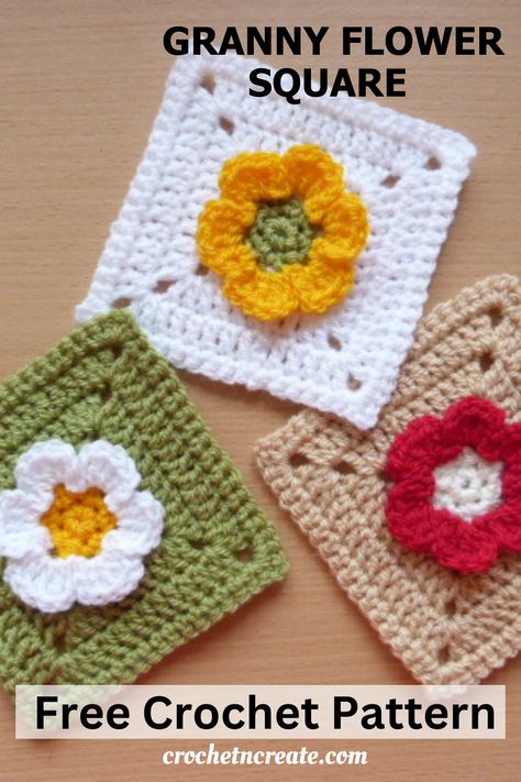 Make this pretty crochet granny square with flowered center for blankets, bags, cushion covers etc. FREE CROCHET PATTERN. #crochetgrannysquare #crochetmotif Crochet Flowers Afghan Free Pattern, Square Motif Crochet Pattern, Granny Square Daisy Crochet Pattern, Crochet Square Afghan Patterns Free, Mini Granny Square Pattern Free, Granny Square Flower Pattern, Flower Granny Squares, Flower Granny Square Pattern, Crochet Daisy Granny Square