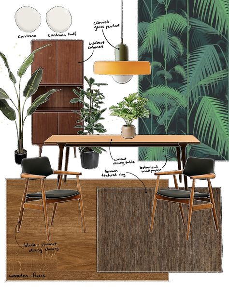 Interior Aesthetic: Botanical x Mid-Century Modern Had a play around with mixing different interior styles. With this combo, I ended up creating a dramatic and inviting dining space for those family dinners. I love how the different walnut tones complement the dramatic wallpaper, making it a great way to bring the outdoors inside. To create a moody vibe, swap the light-painted walls with some of those deep tones within the wallpaper🌿🪵 What interior aesthetic would you like to see next? #... Modern Folk Aesthetic, Mid Century Modern Mood Board, Dramatic Wallpaper, Bring The Outdoors Inside, Sample Board, Outdoors Inside, Painted Walls, Interior Aesthetic, The Wallpaper