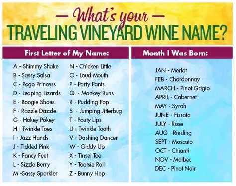 What's your Traveling Vineyard wine name? Birthday At Vineyard, Home Wine Tasting, Wine Exchange, Wine Marketing, Sangria Bar, Traveling Vineyard, Wine Crafts, Wine Tips, Wine Games