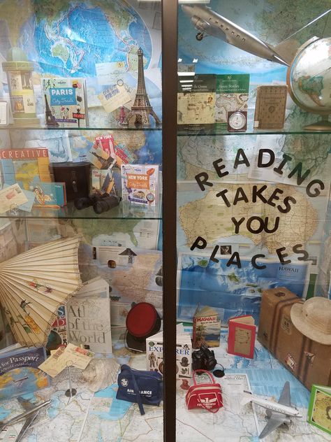 Reading Takes You Places Library Display Case School Library Book Displays, Reading Display, School Library Displays, Teen Library, Middle School Libraries, Library Themes, Library Book Displays, Library Inspiration, Book Displays