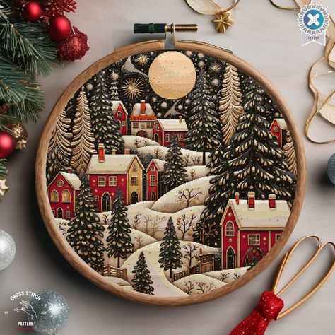 Calendar Embroidery, Embroidery Christmas Tree, Simple Nativity, Holiday Cross Stitch Patterns, Red Houses, Christian Cross Stitch, Christmas Crafts For Adults, Xmas Cross Stitch, Cross Stitch Christmas