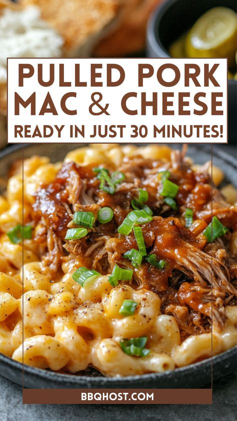 This pulled pork mac and cheese is rich, creamy, and packed with smoky flavor. It’s an easy dinner idea that’s sure to please the whole family, especially if you’re a fan of BBQ pork and mac and cheese. Save this pin now and click through for the complete smoked pulled pork mac and cheese for your next weeknight meal! Shredded Pork Mac And Cheese, Easy Pulled Pork Mac And Cheese, Mac And Cheese With Pulled Pork, Bbq Pork Mac And Cheese, Pork And Mac And Cheese, Pulled Pork Meals, Mac And Cheese Bowls, Smoked Mac And Cheese Recipes, Bbq Chicken Mac And Cheese