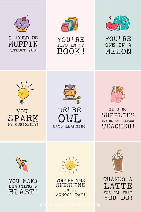 Are you looking for cute sayings for teacher appreciation handmade gifts, crafts and cards? This list of adorable puns will also give you some sweet craft ideas. They're short and sweet which makes them perfect for your projects. Great for preschool, kindergarten and older kids - Find them at A Visual Merriment | Words For Teacher, Thank A Teacher Quotes, Short Teacher Quotes, Teacher Gift Quotes, Teacher Thank You, Gift For Teacher, Thank A Teacher, Easy Teacher Gifts #teacher #appreciation Thank You Sayings For Cards, Teacher Appreciation Quotes Funny, Teachers Day Card Quotes, Thank A Teacher Quotes, Caption For Teachers, Thank You Teacher, Thank You Card For Teacher, Teacher Appreciation Quotes Inspiration, Cricut Storage Ideas