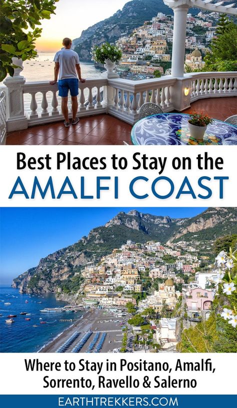 Where to stay on the Amalfi Coast: best hotels and best locations. Includes hotel recommendations for Sorrento, Positano, Amalfi, and Salerno for all budgets, from budget to mid-range to luxury properties. Almafi Coast Italy, Earth Trekkers, Amalfi Wedding, Amalfi Coast Hotels, Amalfi Coast Towns, Sorrento Hotel, Positano Hotels, Italy Coast, Amalfi Coast Itinerary