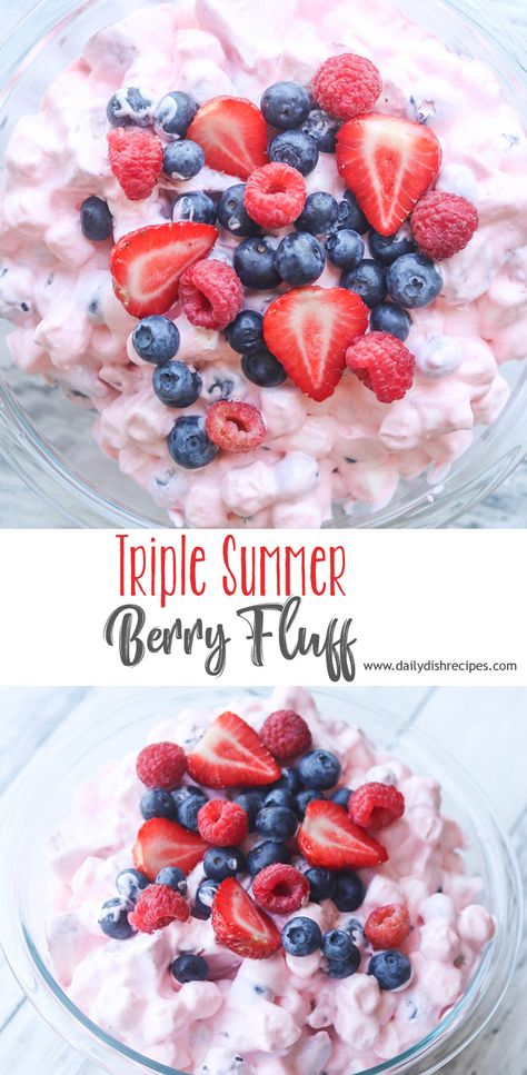 Berry Fluff Salad, Fluffy Fruit Salad, Berry Fluff, Fruit Salad With Marshmallows, Fluff Salad Recipes, Raspberry Salad, Strawberry Fluff, Berry Fruit Salad, Summer Appetizers Easy