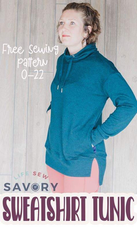 womens sweatshirt tunic free sewing pattern Hoodie Sewing Pattern, Tunic Sewing Patterns, Sewing Tops, Sewing Projects Clothes, Clothes To Sew, Hoodie Pattern, Free Sewing Pattern, Make Your Own Clothes, Cowl Neck Sweatshirt