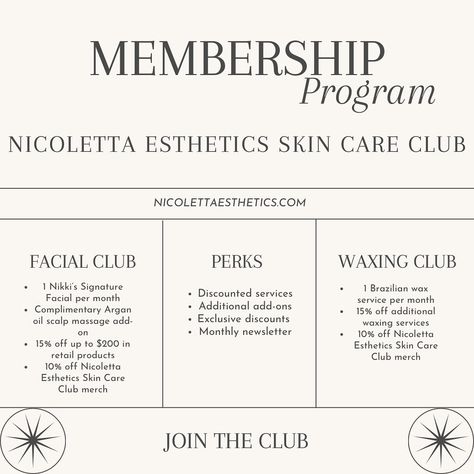 ✨NEW option for booking your self-care days at Nicoletta Esthetics!✨ Join the Nicoletta Esthetics Skin Care Club and enjoy some MAJOR perks: ✨discounted services ✨additional add-ons ✨exclusive discounts ✨monthly newsletter The Nicoletta Esthetics Skin Care Club is a monthly membership subscription with 2 amazing options! FACIAL CLUB: ✨1 Nikki’s Signature Facial per month ✨complimentary Argan oil scalp massage add-on ✨15% off up to $200 in retail products ✨10% off merch WAXING CLUB: ✨1 Br... Back Facial, Waxing Services, Monthly Newsletter, Brazilian Waxing, Scalp Oil, Scalp Massage, Add Ons, Business Plan, Esthetician