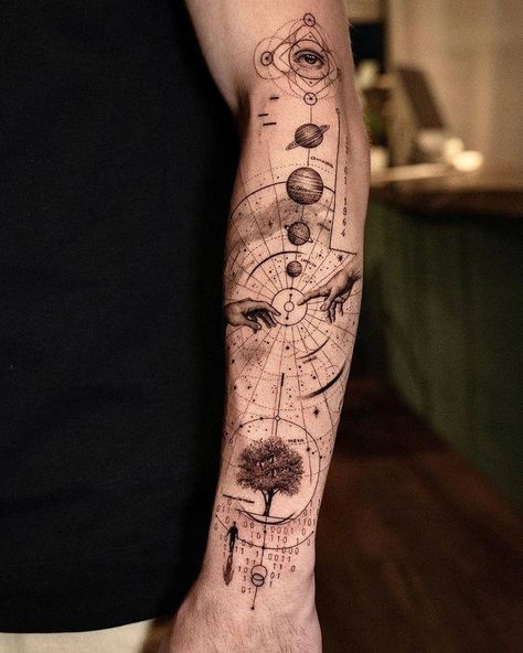 Orthodox Tattoo, Scientific Tattoo, Stile Pin Up, Astronomy Tattoo, Science Tattoo, Science Tattoos, Astronaut Tattoo, Universe Tattoo, Men Tattoos Arm Sleeve