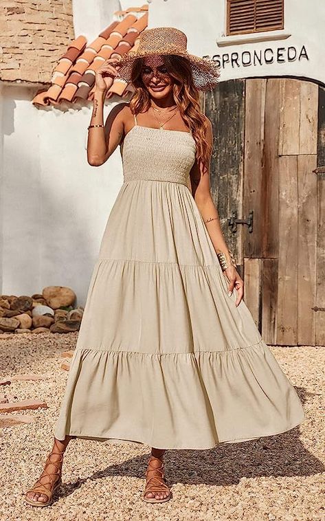 PRETTYGARDEN Women's Summer Maxi Dress Casual Boho Sleeveless Spaghetti Strap Smocked Tiered Long Beach Sun Dresses Maxi Dress Casual Boho, Wide Strap Dress, Vestidos Retro, Tiered Ruffle Skirt, Suspender Skirt, Beach Maxi Dress, Maxi Robes, Weave Style, Khaki Dress