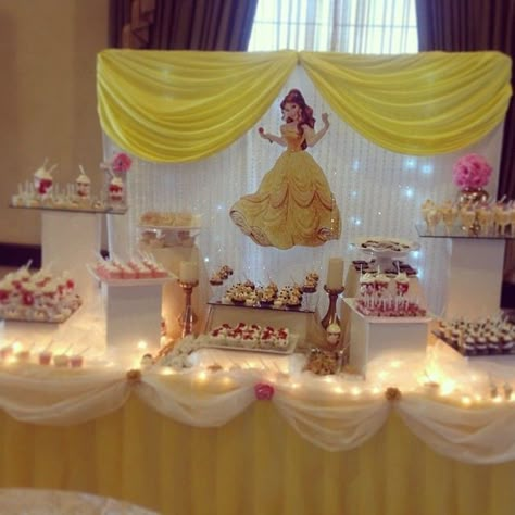 Bell Party Ideas Princess, Bella Birthday Party Ideas, Birthday Decorations Yellow, Bell Birthday Party Ideas, Belle Party Ideas, Dessert Tables Ideas, Princess Belle Party, Belle Birthday Party, Beauty And Beast Birthday