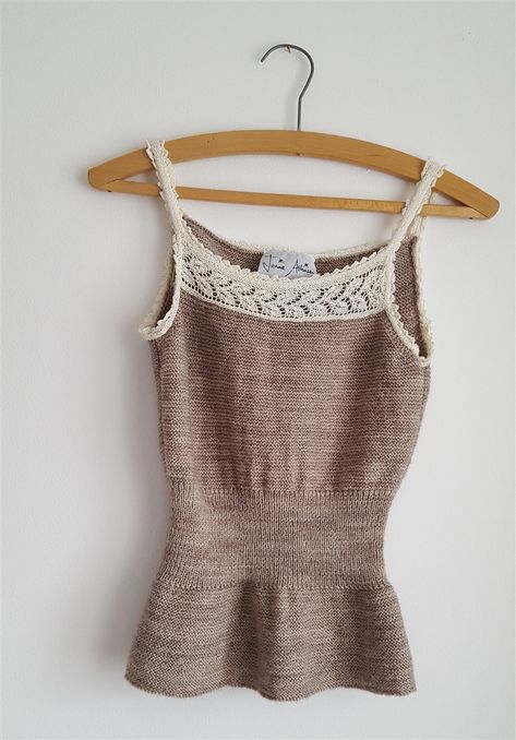 Lace-edged cami from the book A Handknit Romance, re-knitted in a wool/silk 3ply yarn. This lovely, Victorian-inspired camisole has a separately knitted cotton lace trim. Knitting pattern PDF available. #handknit #knitted #vintage #pattern #garterstitch #camisole #wool #cotton #lace #edging #summer Camisole Knitting Pattern, Camisole Pattern, Intarsia Knitting, Shawl Patterns, Vintage Knitting Patterns, Lace Edging, Knit Outfit, Knit Fashion, Vintage Knitting