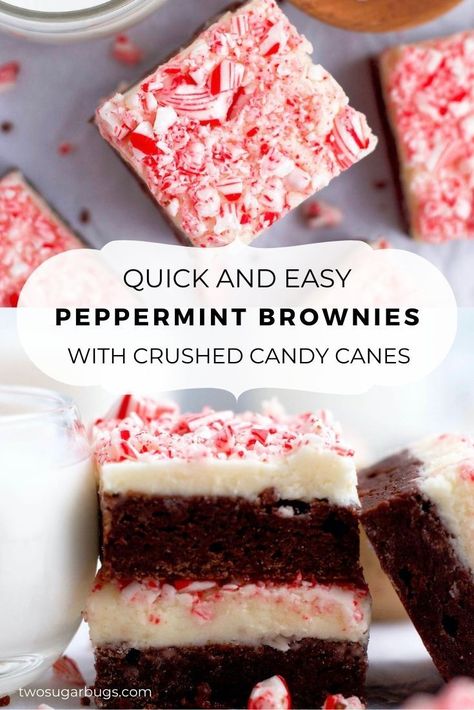 Frosted Peppermint Brownies are a quick make ahead treat for the holidays! An easy buttercream topping with candy canes give the fudge brownies a perfect mint flavor! ~ Recipe on twosugarbugs.com Candy Cane Brownies, Brownie Icing, Peppermint Brownies Recipe, Peppermint Frosting, Homemade Brownie Mix, One Bowl Brownies, Peppermint Cheesecake, Brownie Frosting, Peppermint Brownies