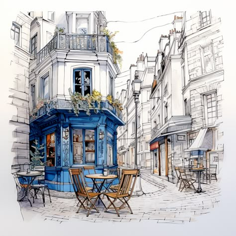 Sketches Of Cities, Drawing City Buildings, Watercolor Urban Sketching, Urban Sketching Beginner, Urban Sketching Watercolors, Cafe Drawings, Europe Drawing, Watercolour Architecture, Watercolour City