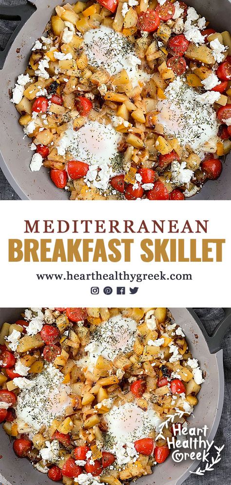 Mediterranean Diet Heart Healthy, Mediterranean Egg Recipes, Mediterranean Recipes Breakfast, Mediterranean Skillet, Mediterranean Breakfast Ideas, Healthy Greek Recipes, Mediterranean Diet Recipes Breakfast, Diet Recipes Breakfast, Skillet Breakfast