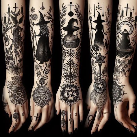 You know what's worse than having a messed up tattoo design on your skin forever? Getting called out about that epic fail online. Witchy Sleeve Tattoo, Dark Witch Tattoo, Witchy Hand Tattoos, Witchy Tattoo Designs, Witch Tattoo Ideas, Epic Tattoos, Natur Tattoo Arm, Thumb Tattoos, Wiccan Tattoos