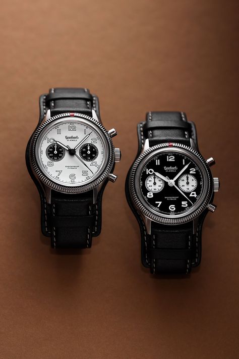 The Hanhart 417 ES Flyback Flieger Chronograph is offered in four new versions as part of the Swiss-German marques’ 140th anniversary celebrations. Available with Panda or Reverse Panda dials and offered in two case sizes, 39mm and 42mm, Hanhart has indulged the would-be wearer with a mouthwatering array of choices. #pilotswatch #flieger #hanhart #watches Art Watch, Rugged Look, Telling Time, Fine Watches, Black Ops, Black Case, Automatic Watch, Breitling Watch, Luxury Items