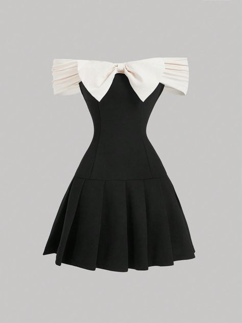 Women's Contrasting Bow Tie Shoulder Cutout Mini Dress, Black, Back-To-School, Date Night Dress,Fall Dresses,Fall Wedding Guest Dress,Homecoming Dresses Black Elegant  Sleeveless Knitted Fabric Colorblock A Line Slight Stretch  Women Clothing, size features are:Bust: ,Length: ,Sleeve Length: Cutout Mini Dress, Bow Tie Dress, Fall Wedding Guest, Dresses Fall, Fashion Top Outfits, Fall Wedding Guest Dress, Shein Dress, School Dresses, Mini Dress Black