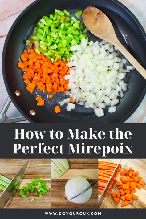 Take your cooking to the next level with my guide to making the perfect mirepoix! This classic French base of diced onions, carrots, and celery is a must-have ingredient for soups, stews, and sauces. It's an essential building block for countless recipes. It adds a rich depth of flavor and a balance of textures that makes dishes come alive. #mirepoix #carrots #celery #onions Onion Carrot Celery, Roasted Celery Recipes, Carrots Onions Celery Recipes, Carrot And Celery Recipes, Carrot And Celery Soup, Roasted Celery, Carrots And Celery, Celery Recipes, Soup Starter