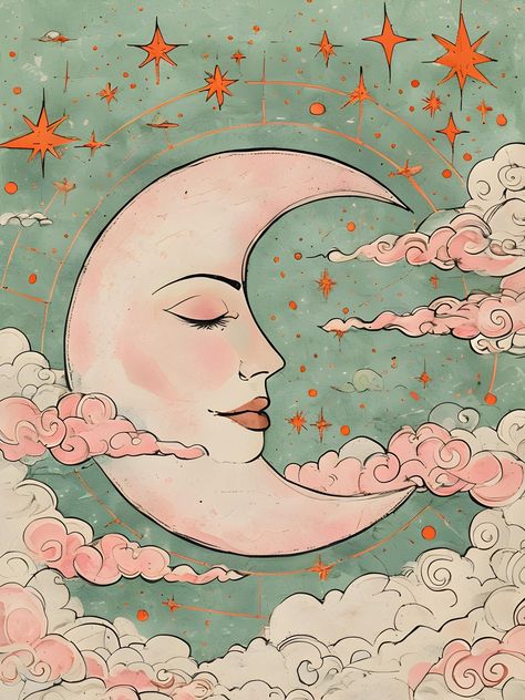 Moon With Clouds, The Moon Illustration, Joshua Tree Art, Frame Download, Moon Illustration, Posters Wall, Colorful Boho, Tree Art, Crescent Moon