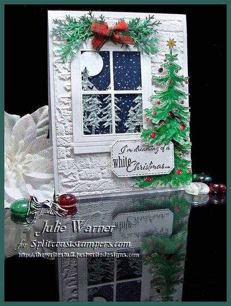 Christmas Window scene using Rubbernecker Stamps images & dies - Julie Warner Things For Christmas, Copic Colors, Pine Tree Forest, My Scene, Window Cards, Christmas Paper Crafts, Homemade Christmas Cards, White Circle, Color Magenta