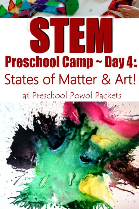 Preschool STEM camp! Learn about states of matter, a famous artist, read a book, make your own art, and more! Perfect for summer camps, homeschool, maker spaces, art lessons, preschoolers, and even older kids! Experiment Preschool, Wednesday Ideas, Matter For Kids, Matter Activities, Stem Camp, Preschool Weather, Mathematics Activities, Middle School Science Experiments, Stem Curriculum