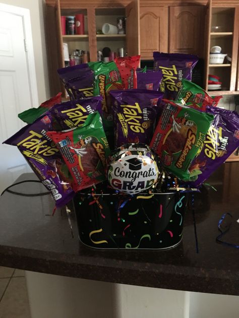 Takis Gift Basket Ideas, Mexican Gift Basket Ideas, Graduation Basket Ideas, Drink Tower, Candy Baskets, Goodie Basket, Candy Lady, Candy Arrangements, Candy Gift Baskets