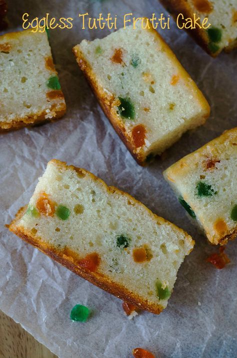 Nalini'sKitchen: Eggless Tutti Frutti Cake Plum Cake Packing Ideas, Tutti Fruity Cake, Cake Mix Recipes Homemade, Tutti Frutti Cake, Dry Cakes, Rusk Recipe, Egg Free Cakes, Cranberry Christmas, Eggless Cakes